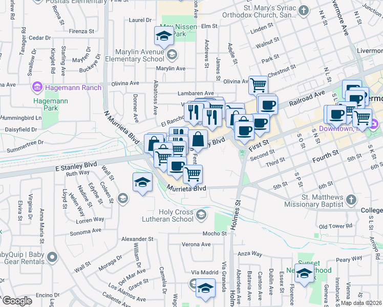 map of restaurants, bars, coffee shops, grocery stores, and more near 1013 East Stanley Boulevard in Livermore