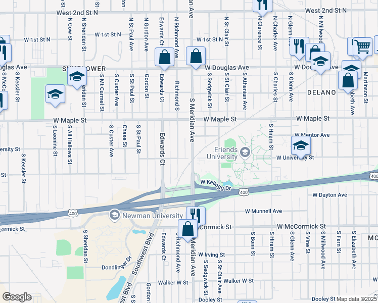 map of restaurants, bars, coffee shops, grocery stores, and more near 520 South Meridian Avenue in Wichita