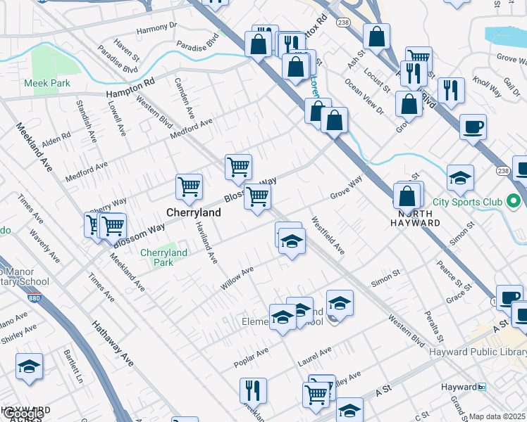 map of restaurants, bars, coffee shops, grocery stores, and more near 21413 Western Boulevard in Hayward