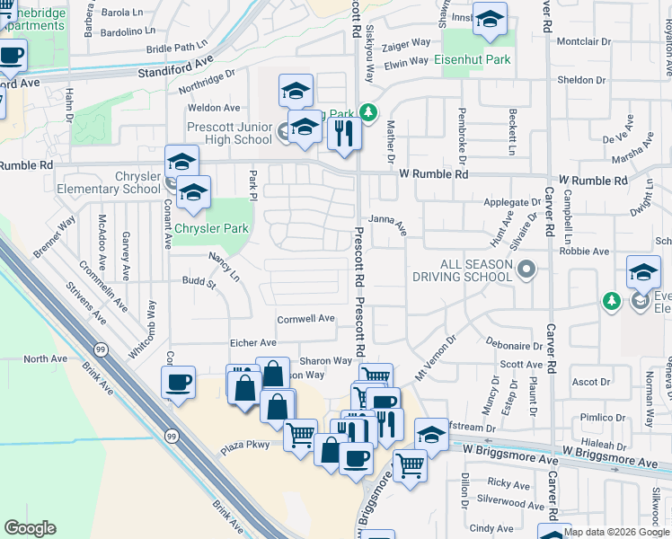 map of restaurants, bars, coffee shops, grocery stores, and more near in Modesto