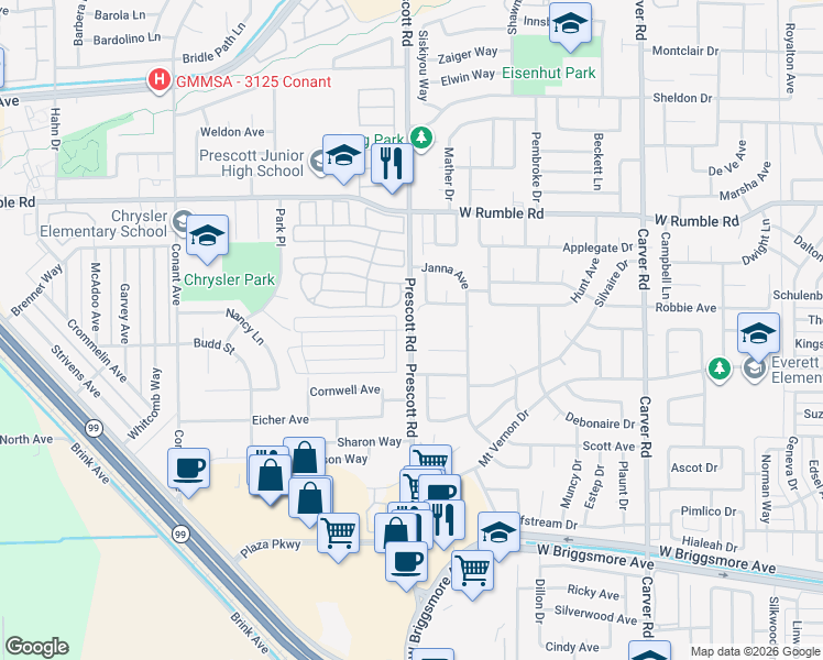 map of restaurants, bars, coffee shops, grocery stores, and more near Prescott Road & Chrysler Drive in Modesto