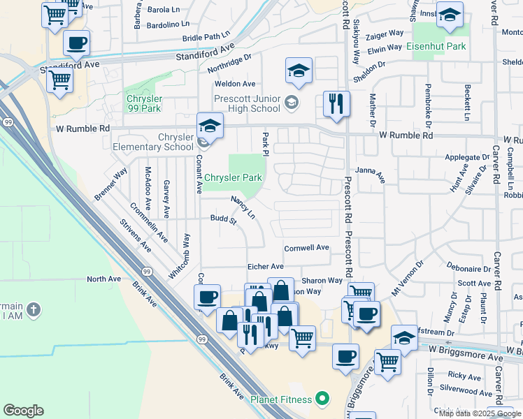map of restaurants, bars, coffee shops, grocery stores, and more near 2309 Chrysler Drive in Modesto
