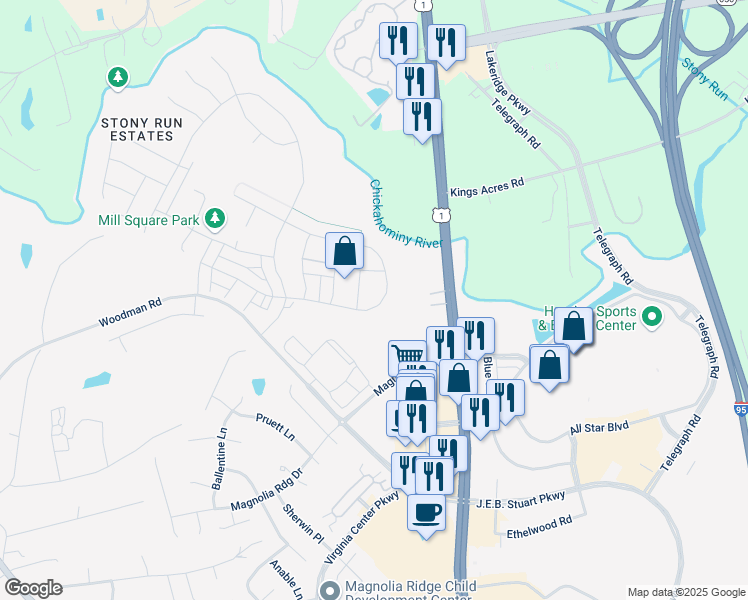 map of restaurants, bars, coffee shops, grocery stores, and more near 10970 Little Five Loop in Glen Allen
