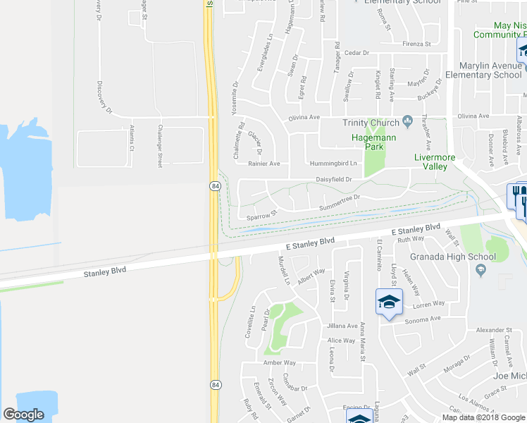 map of restaurants, bars, coffee shops, grocery stores, and more near 66 Sparrow Street in Livermore