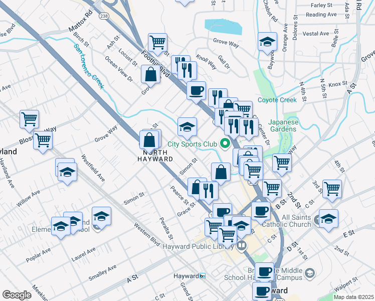 map of restaurants, bars, coffee shops, grocery stores, and more near 22157 Main Street in Hayward