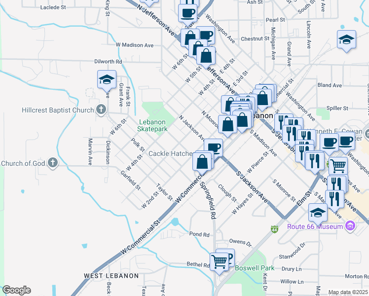 map of restaurants, bars, coffee shops, grocery stores, and more near 280 North Vanburen Avenue in Lebanon