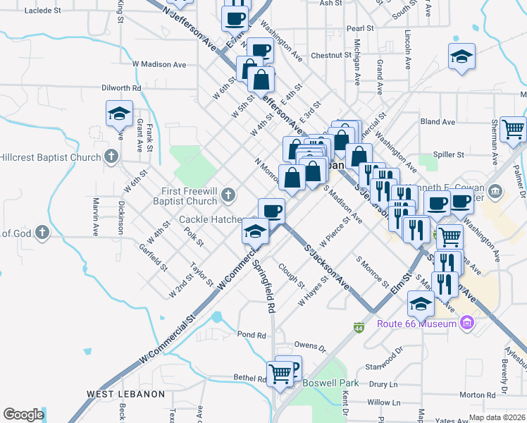 map of restaurants, bars, coffee shops, grocery stores, and more near 163 North Jackson Avenue in Lebanon