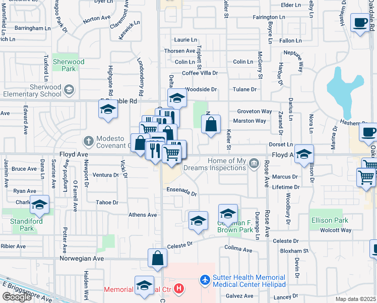 map of restaurants, bars, coffee shops, grocery stores, and more near in Modesto