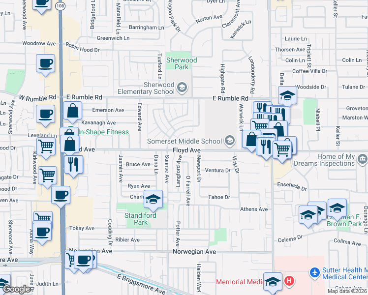 map of restaurants, bars, coffee shops, grocery stores, and more near 805 Floyd Avenue in Modesto