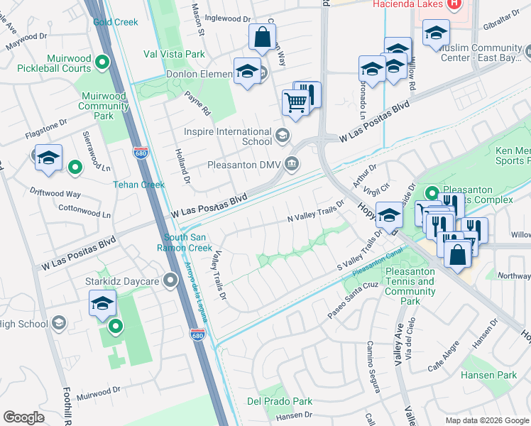 map of restaurants, bars, coffee shops, grocery stores, and more near 3774 Platt Court North in Pleasanton