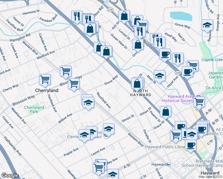map of restaurants, bars, coffee shops, grocery stores, and more near 21628 Vallejo Street in Hayward