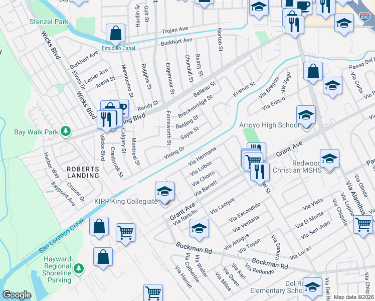 map of restaurants, bars, coffee shops, grocery stores, and more near 1512 Vining Drive in San Leandro