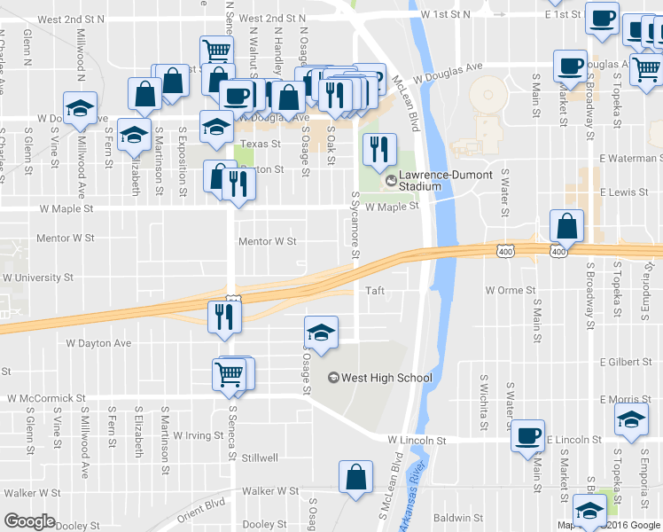 map of restaurants, bars, coffee shops, grocery stores, and more near 513 South Oak Street in Wichita
