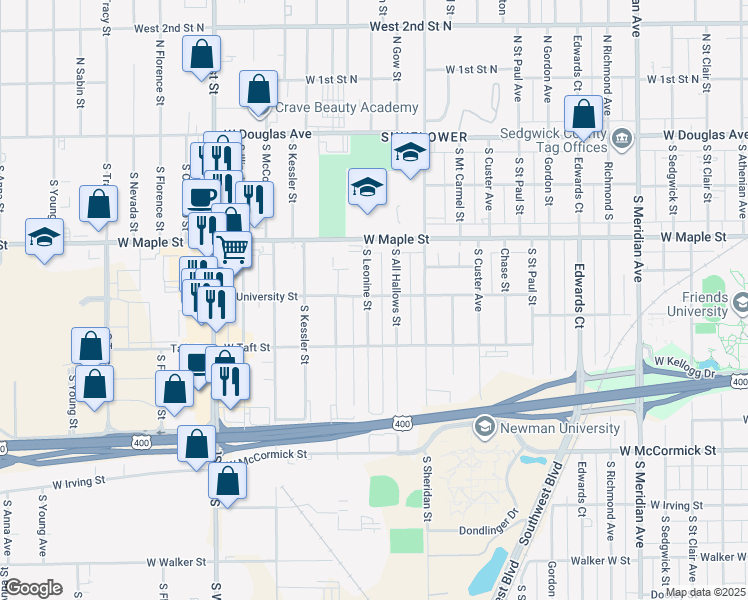 map of restaurants, bars, coffee shops, grocery stores, and more near 355 Leonine South Street in Wichita