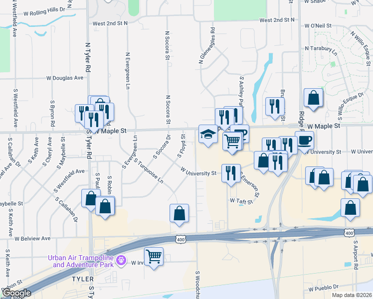 map of restaurants, bars, coffee shops, grocery stores, and more near 361 South Woodchuck in Wichita