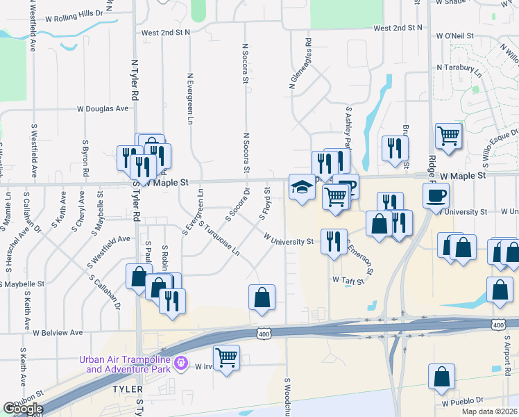 map of restaurants, bars, coffee shops, grocery stores, and more near 330 S Socora in Wichita