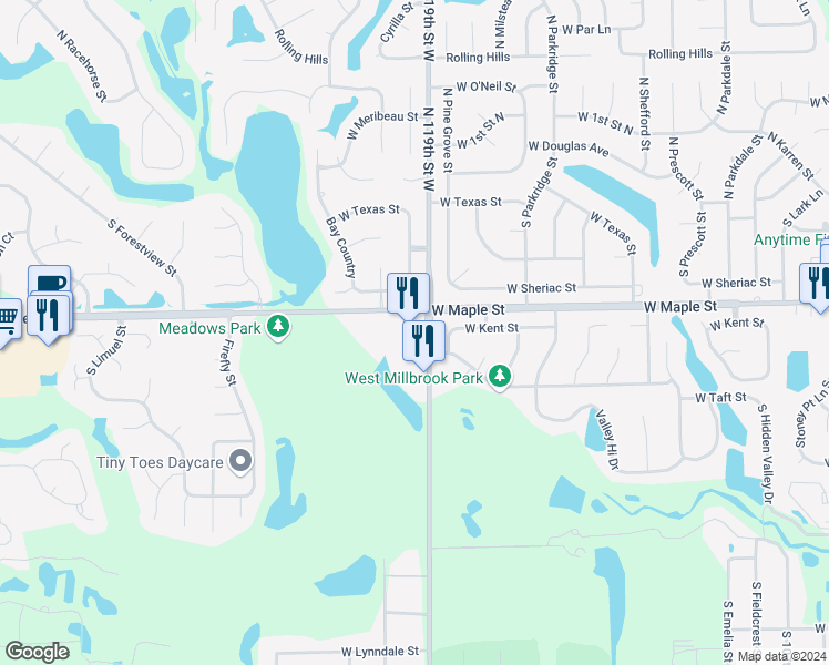 map of restaurants, bars, coffee shops, grocery stores, and more near 300-386 South 119th Street West in Wichita