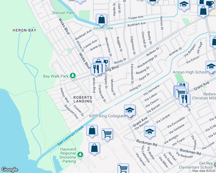 map of restaurants, bars, coffee shops, grocery stores, and more near 1960 Quebec Avenue in San Leandro