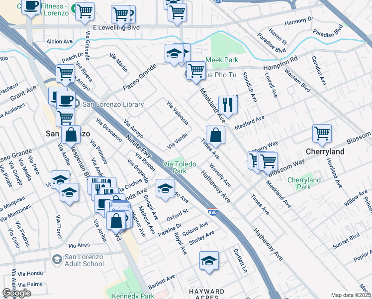 map of restaurants, bars, coffee shops, grocery stores, and more near 80 Via Hermosa in San Lorenzo