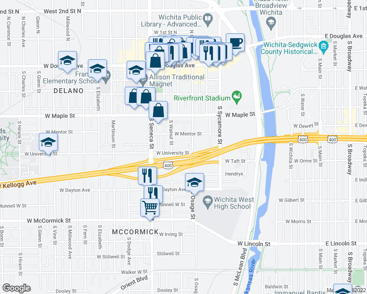 map of restaurants, bars, coffee shops, grocery stores, and more near 818 West University Avenue in Wichita