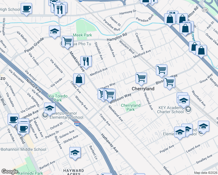 map of restaurants, bars, coffee shops, grocery stores, and more near 255 Cherry Way in Hayward