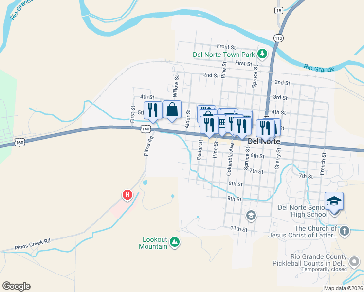 map of restaurants, bars, coffee shops, grocery stores, and more near 595 Alder Street in Del Norte