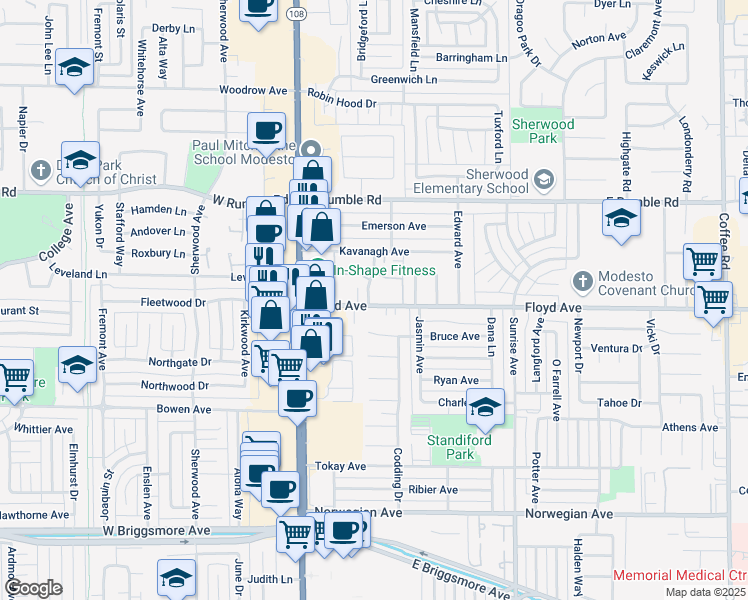 map of restaurants, bars, coffee shops, grocery stores, and more near 215 Floyd Avenue in Modesto