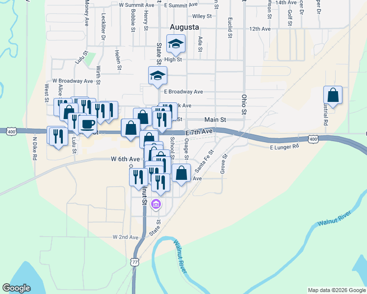 map of restaurants, bars, coffee shops, grocery stores, and more near 621 Osage Street in Augusta