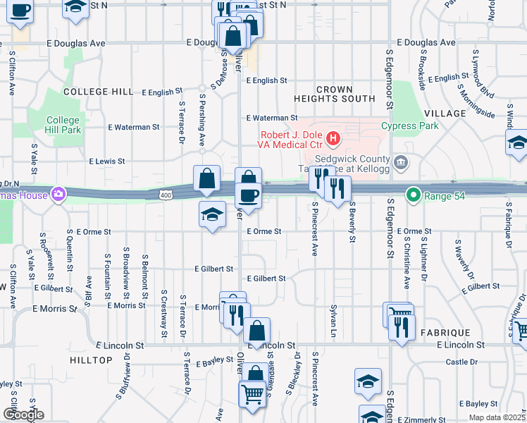 map of restaurants, bars, coffee shops, grocery stores, and more near 514 Oliver in Wichita