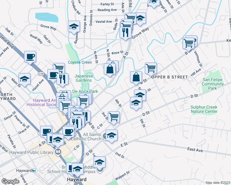 map of restaurants, bars, coffee shops, grocery stores, and more near in Hayward