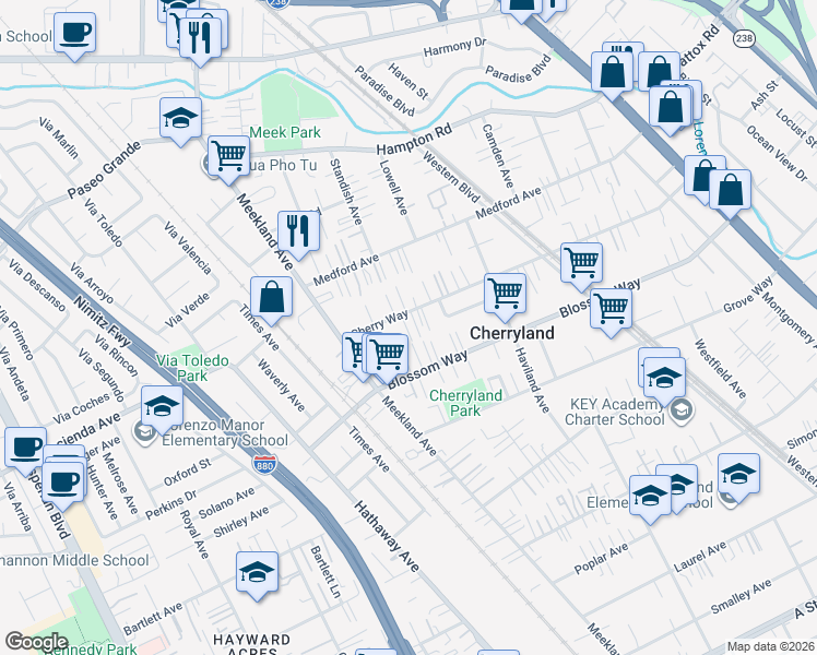 map of restaurants, bars, coffee shops, grocery stores, and more near 255 Cherry Way in Hayward