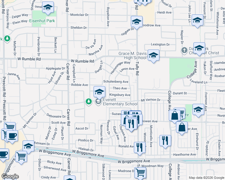 map of restaurants, bars, coffee shops, grocery stores, and more near 1422 Theo Avenue in Modesto