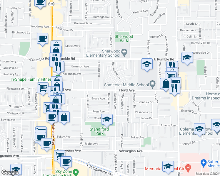 map of restaurants, bars, coffee shops, grocery stores, and more near 609 Floyd Avenue in Modesto