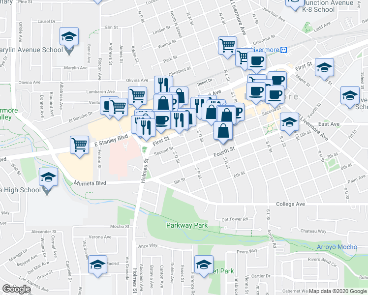 map of restaurants, bars, coffee shops, grocery stores, and more near 1587 Second Street in Livermore