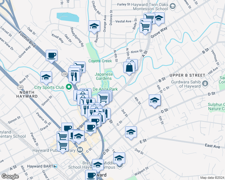 map of restaurants, bars, coffee shops, grocery stores, and more near 1321 Russell Way in Hayward