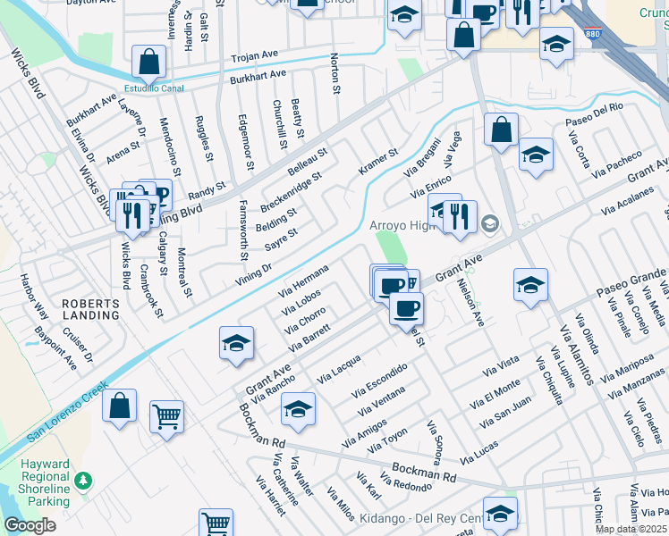 map of restaurants, bars, coffee shops, grocery stores, and more near 1456 Via Hermana in San Lorenzo