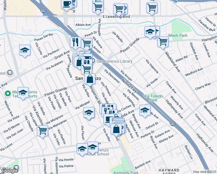 map of restaurants, bars, coffee shops, grocery stores, and more near 16108 Via Primero in San Lorenzo