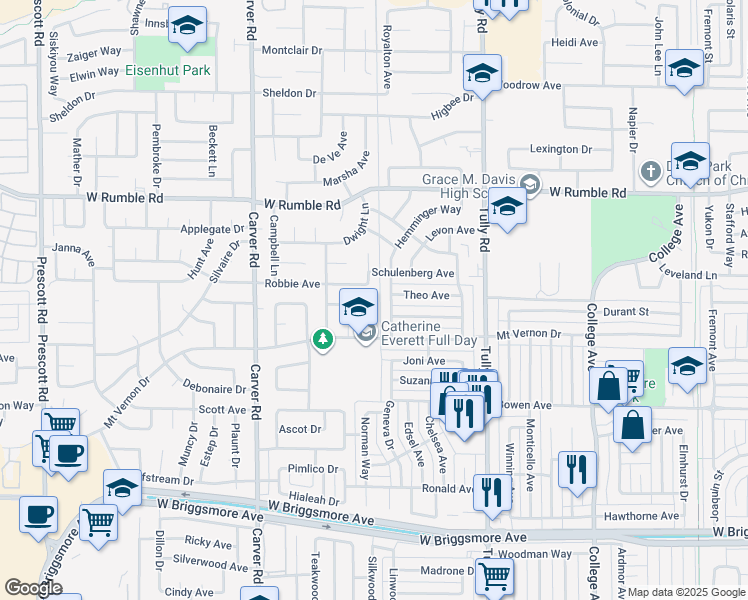 map of restaurants, bars, coffee shops, grocery stores, and more near 2508 Cheryl Lane in Modesto