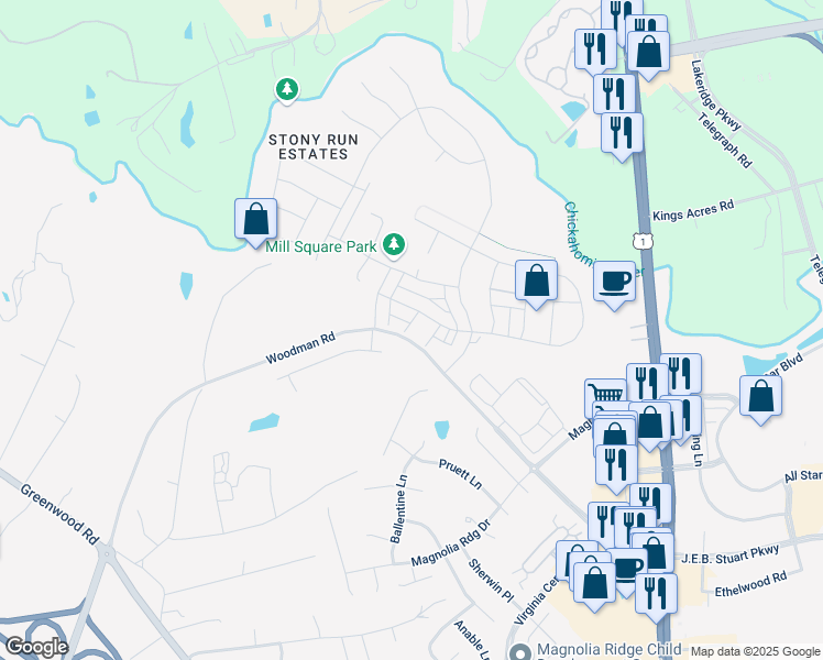 map of restaurants, bars, coffee shops, grocery stores, and more near 227 Hanging Fern Alley in Glen Allen