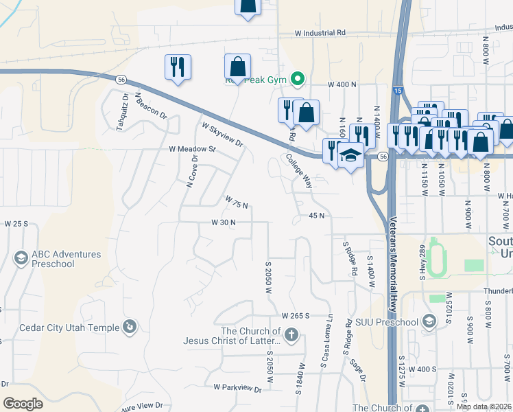 map of restaurants, bars, coffee shops, grocery stores, and more near 78 North 2125 West in Cedar City
