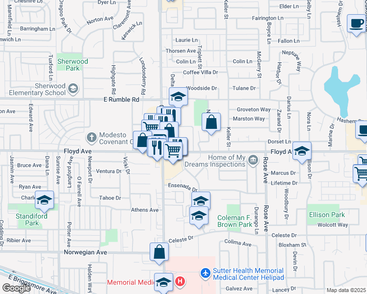 map of restaurants, bars, coffee shops, grocery stores, and more near in Modesto