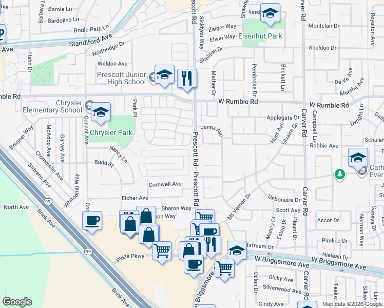 map of restaurants, bars, coffee shops, grocery stores, and more near 2105 Chrysler Drive in Modesto