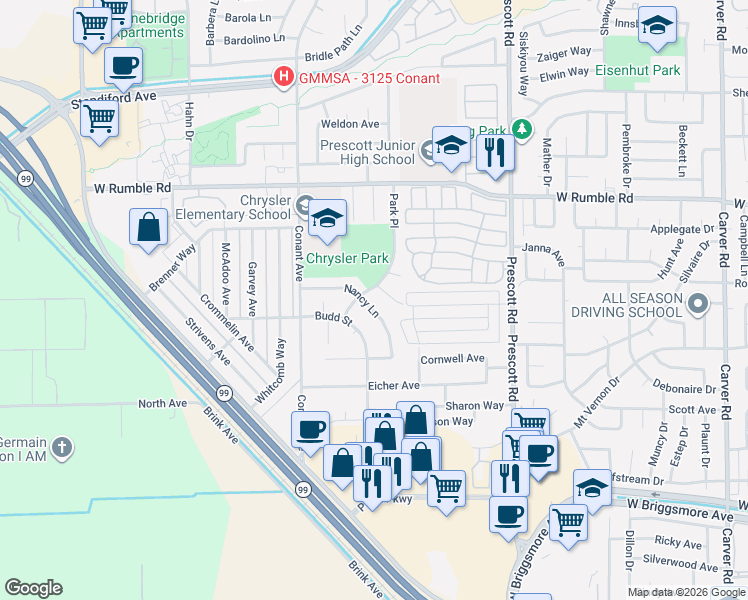 map of restaurants, bars, coffee shops, grocery stores, and more near 2360 Nancy Lane in Modesto