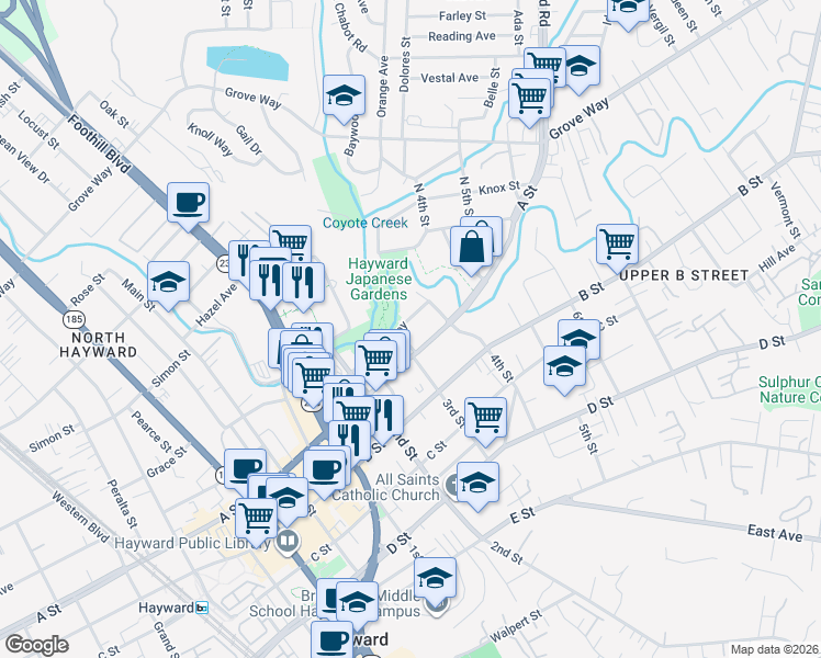 map of restaurants, bars, coffee shops, grocery stores, and more near 1321 Russell Way in Hayward