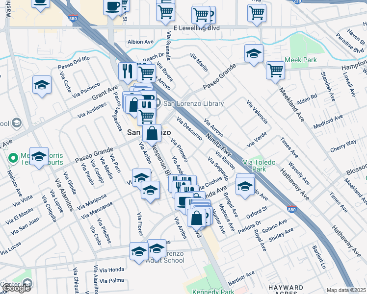 map of restaurants, bars, coffee shops, grocery stores, and more near 16108 Via Primero in San Lorenzo