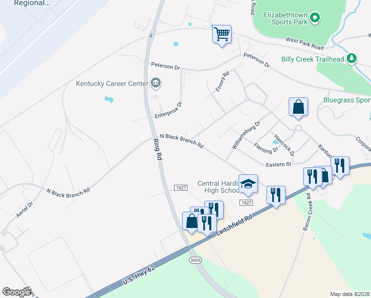 map of restaurants, bars, coffee shops, grocery stores, and more near 307 North Black Branch Road in Cecilia