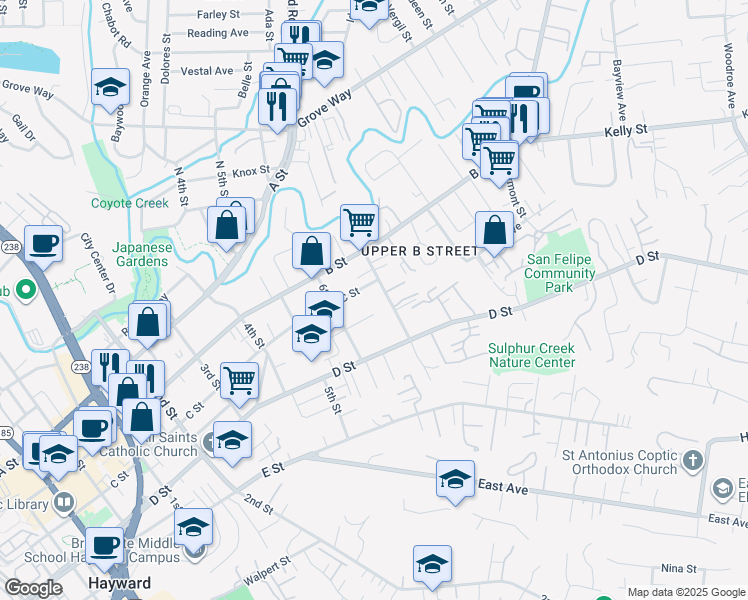 map of restaurants, bars, coffee shops, grocery stores, and more near 22689 7th Street in Hayward
