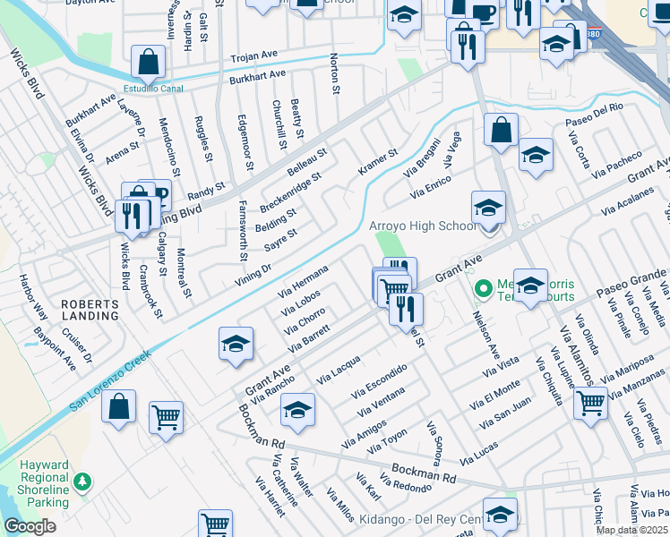map of restaurants, bars, coffee shops, grocery stores, and more near 1456 Via Hermana in San Lorenzo