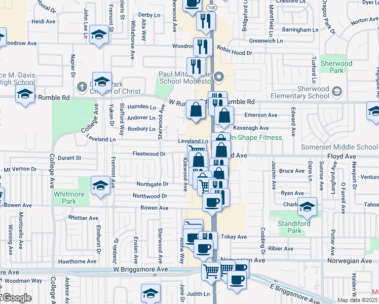 map of restaurants, bars, coffee shops, grocery stores, and more near 2518 Kirkwood Avenue in Modesto