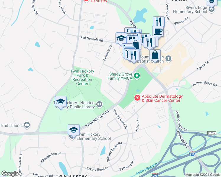map of restaurants, bars, coffee shops, grocery stores, and more near 5228 Scotsglen Drive in Glen Allen